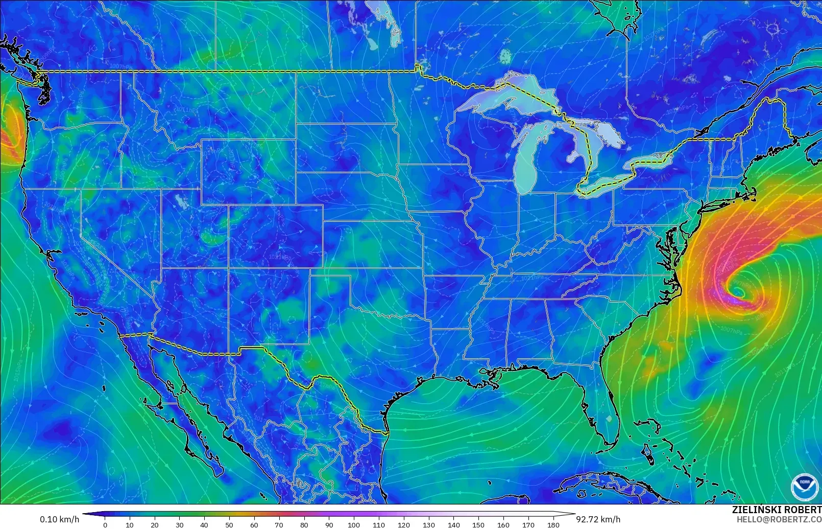 GFS modelo - Estados Unidos, Viento a 10 m