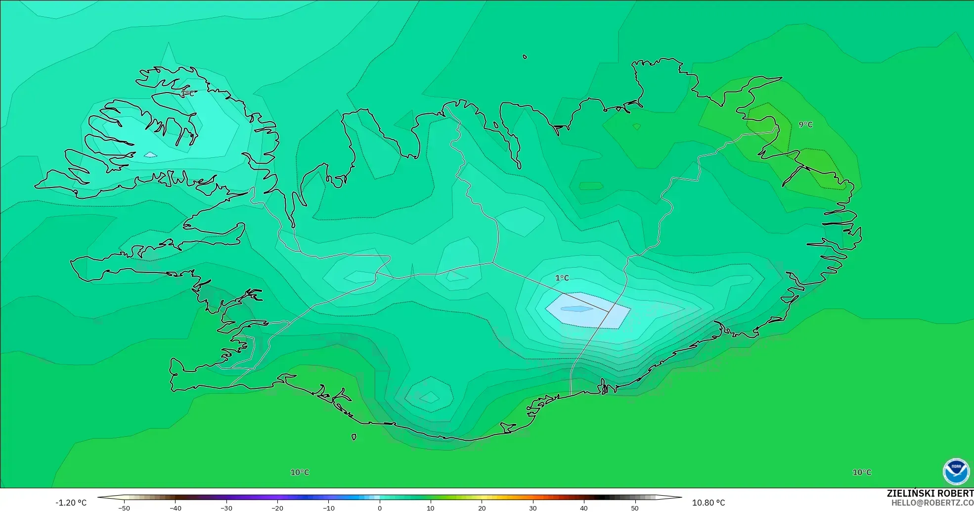 GFS modelo - Islandia, Temperatura a 2 m