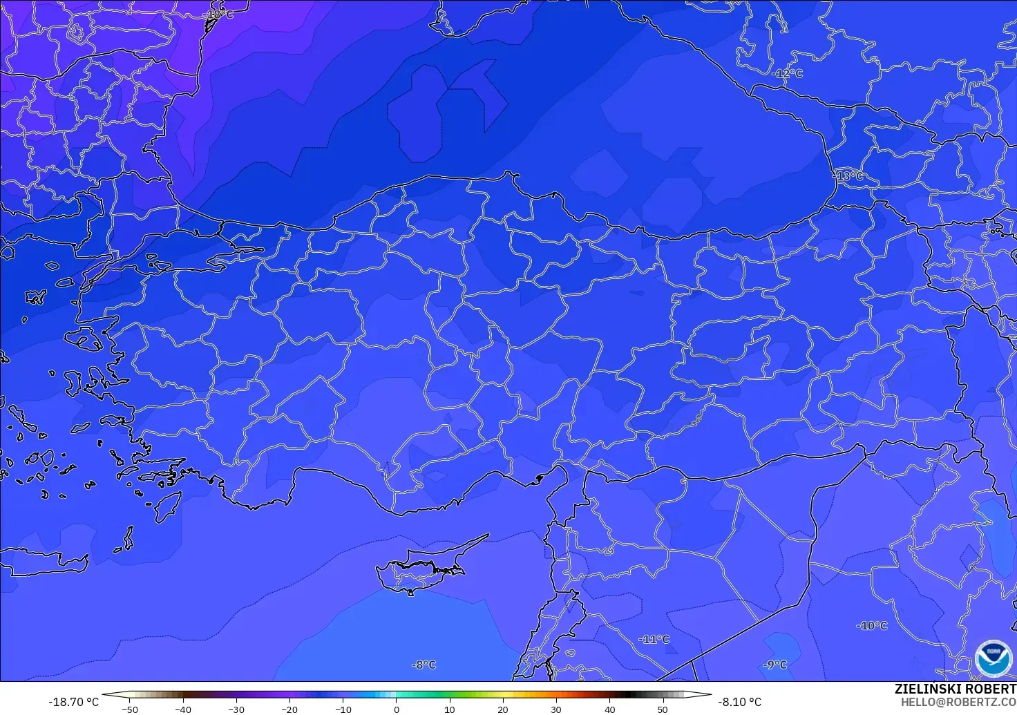 GFS modelo - Turquía, Temperatura a 500 hPa
