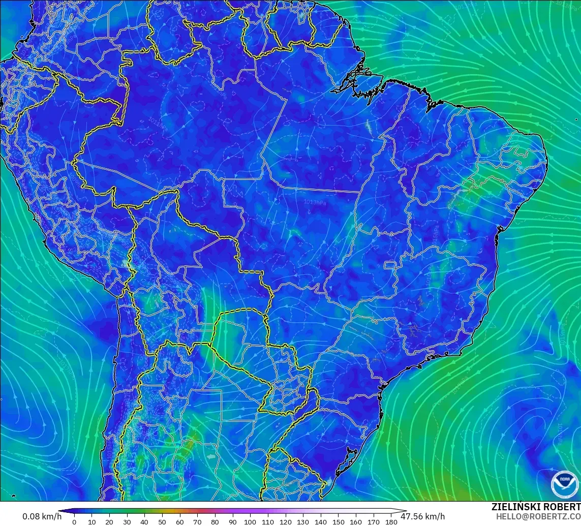 GFS modelo - Brasil, Viento a 10 m