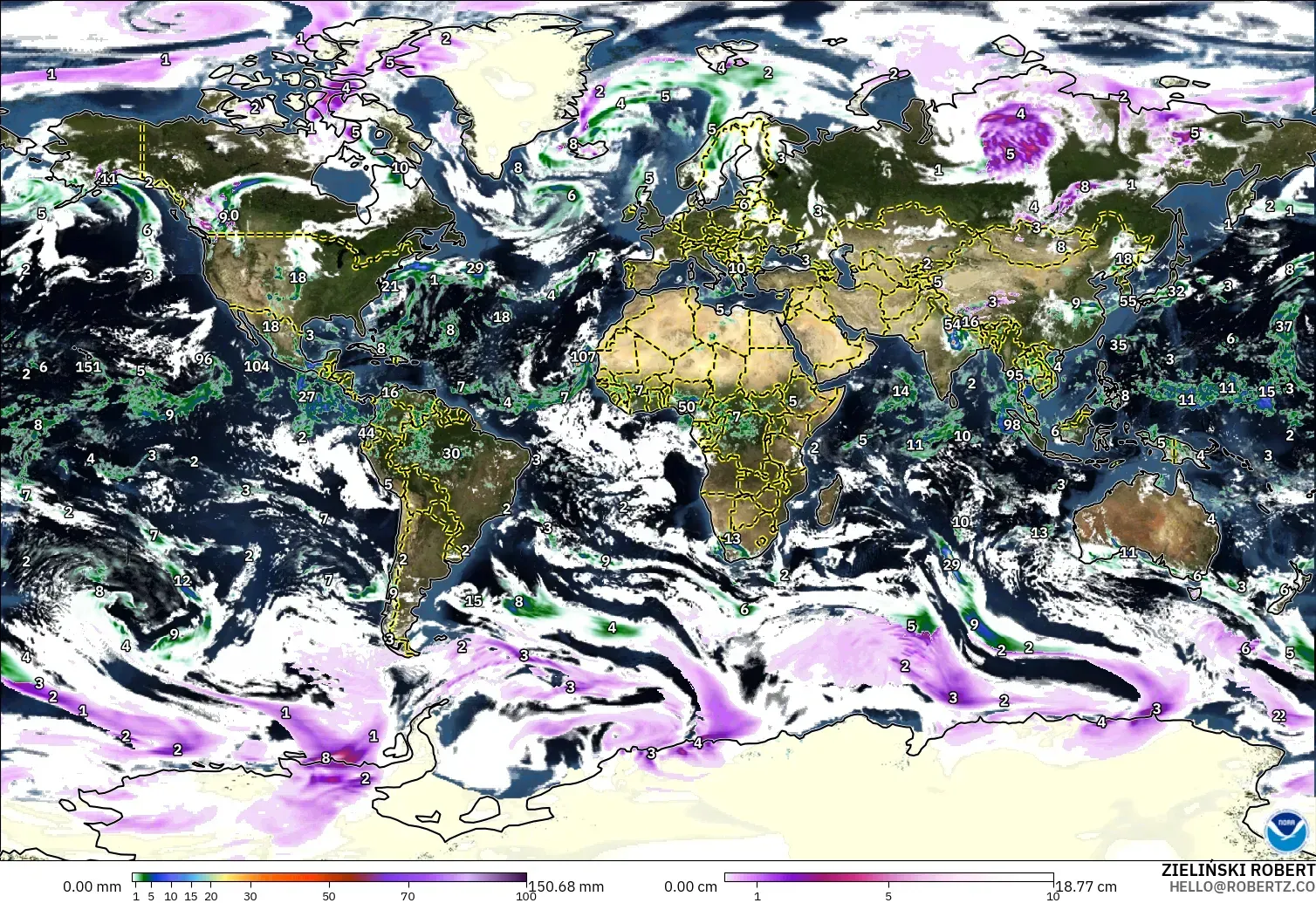 GFS modelo - Mundo, Precipitación, nubes y presión