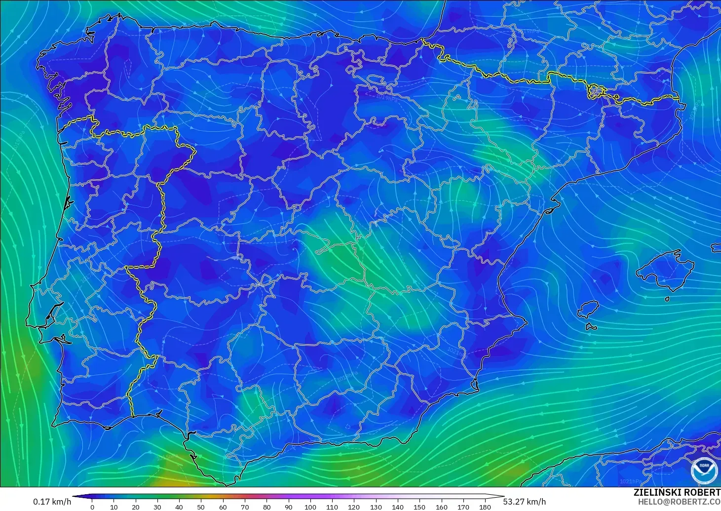 GFS modelo - España, Viento a 10 m