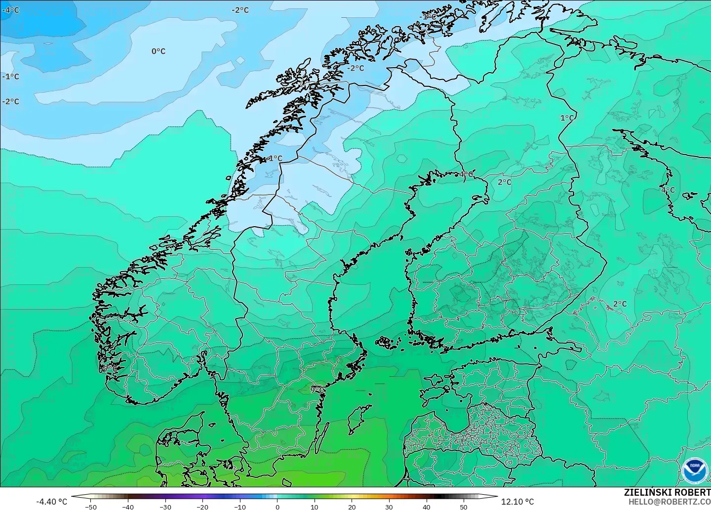GFS modelo - Escandinavia, Temperatura a 850 hPa