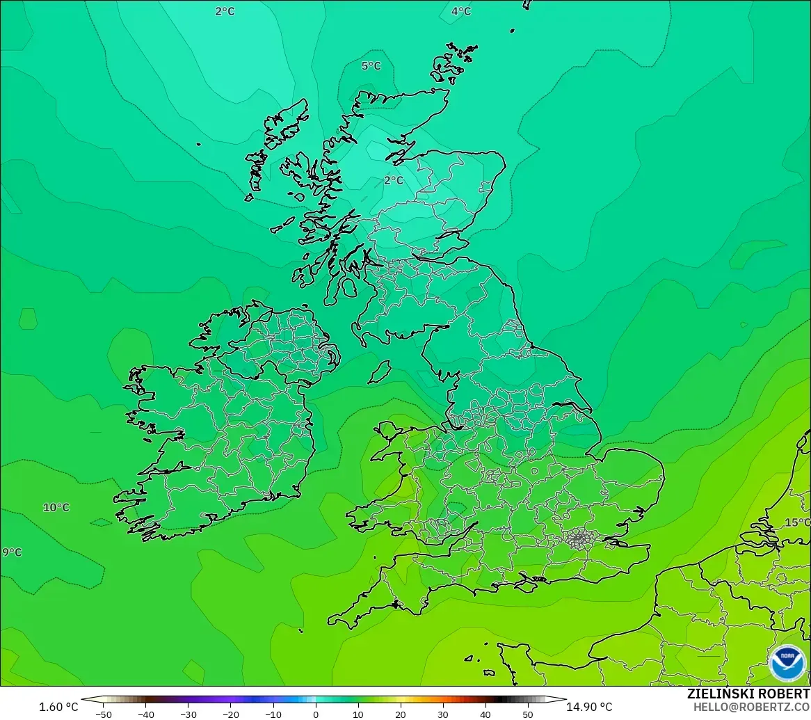 GFS modelo - Reino Unido, Temperatura a 850 hPa