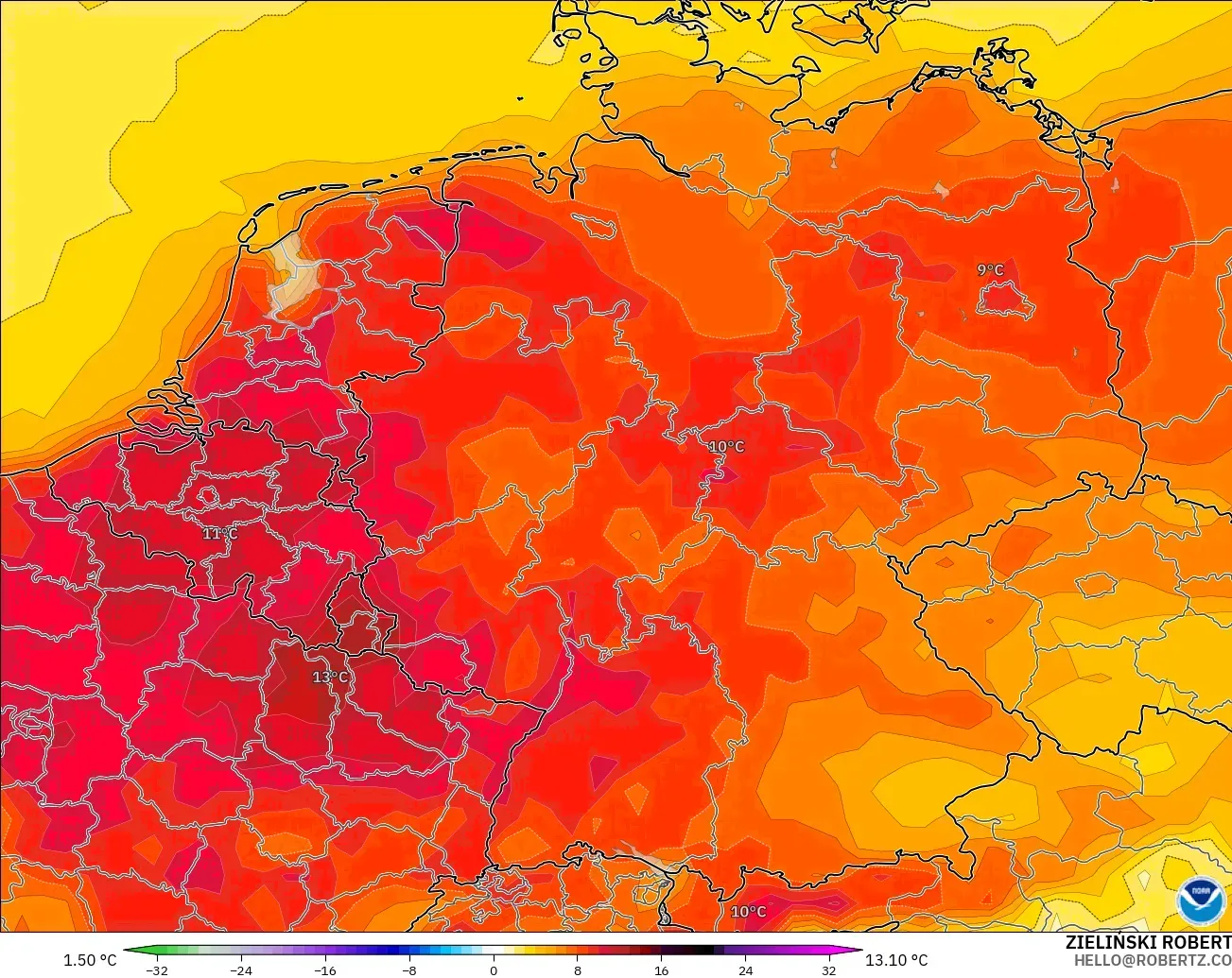 GFS modelo - Alemania, Anomalía de temperatura a 2 m