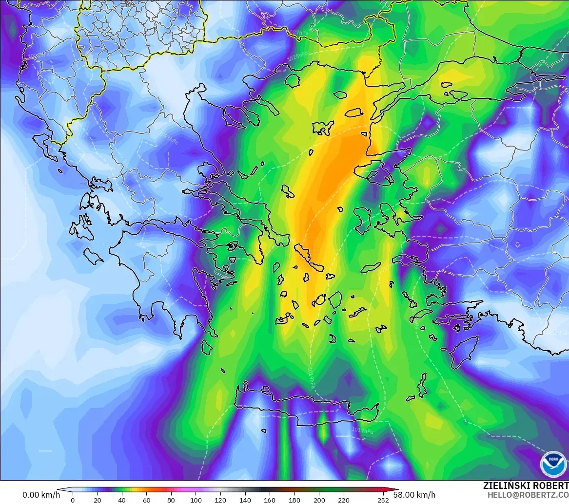 GFS modelo - Grecia, Ráfagas de Viento Máximas