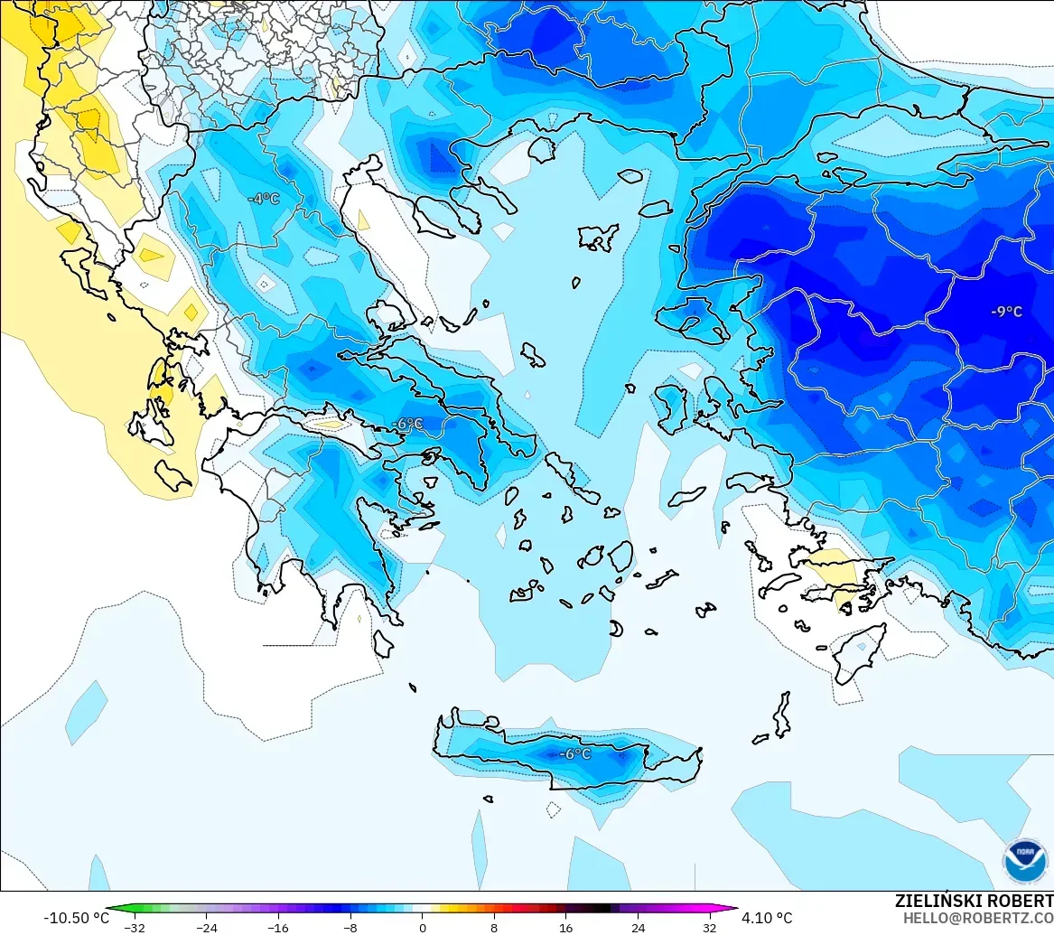 GFS modelo - Grecia, Anomalía de temperatura a 2 m