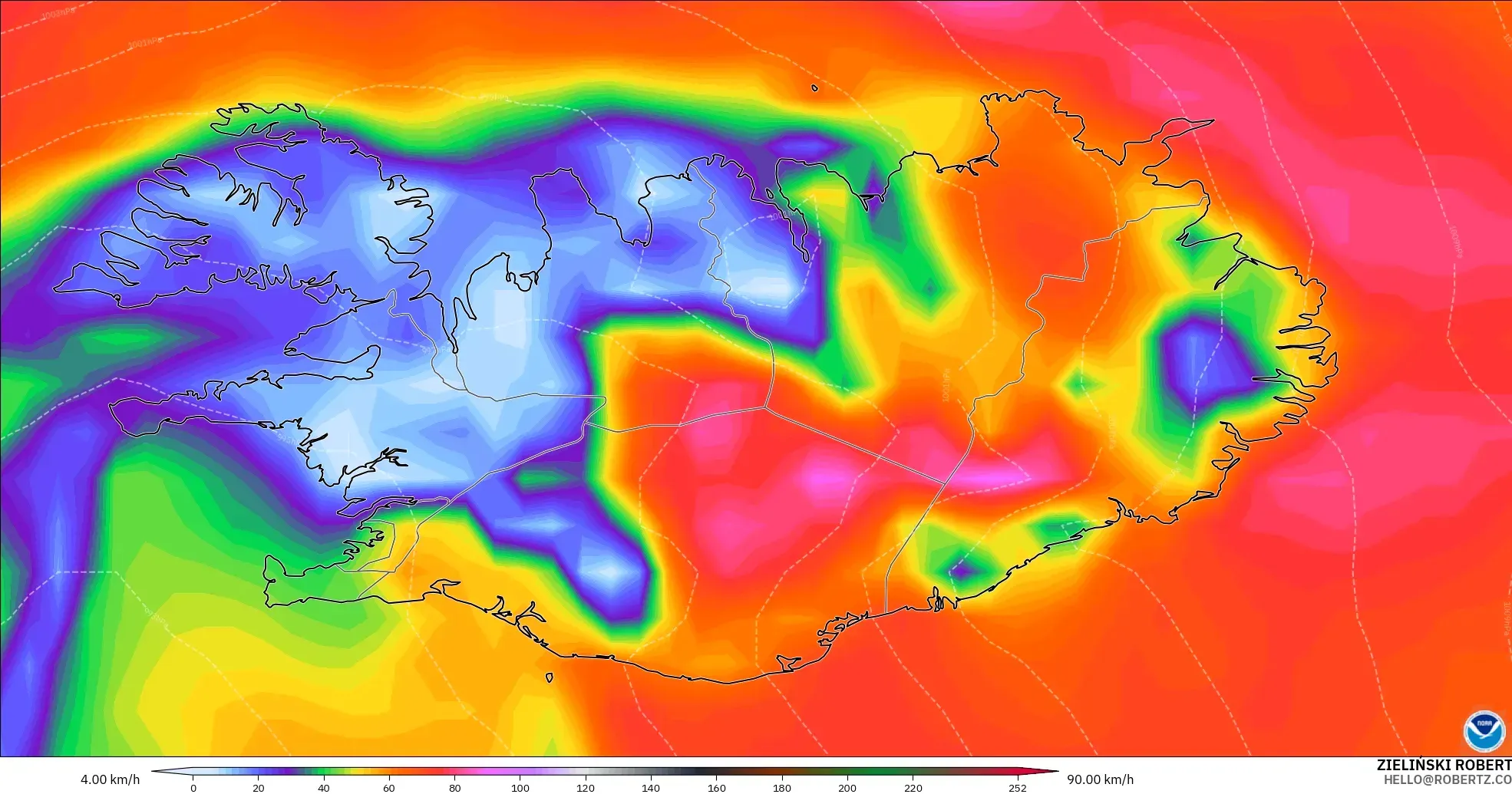GFS modelo - Islandia, Ráfagas de Viento Máximas