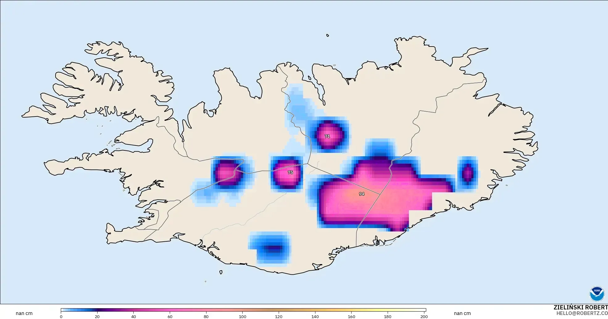 GFS modelo - Islandia, Profundidad de nieve