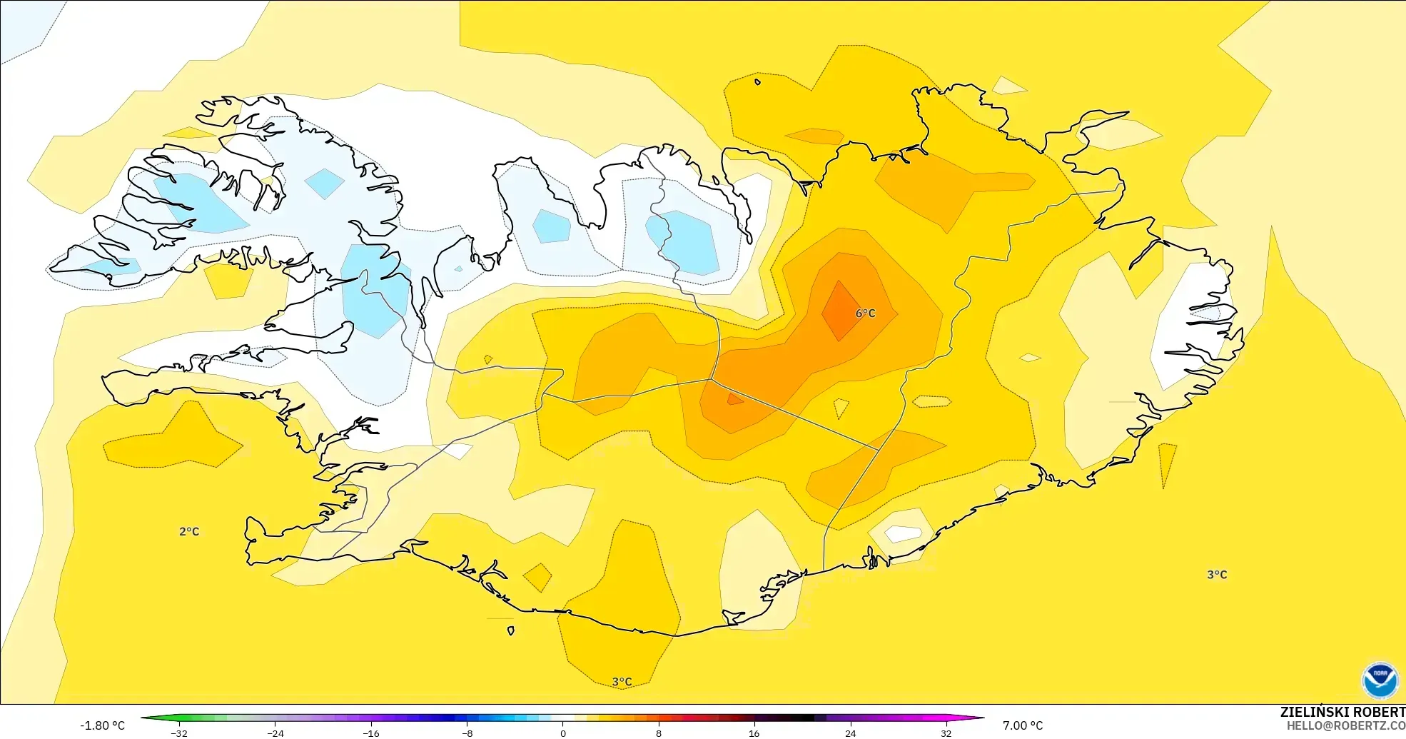 GFS modelo - Islandia, Anomalía de temperatura a 2 m
