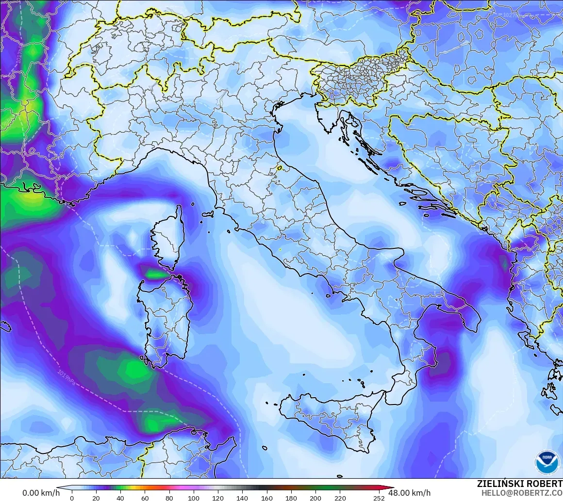 GFS modelo - Italia, Ráfagas de Viento Máximas