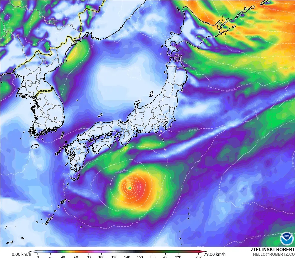 GFS modelo - Japón, Ráfagas de Viento Máximas