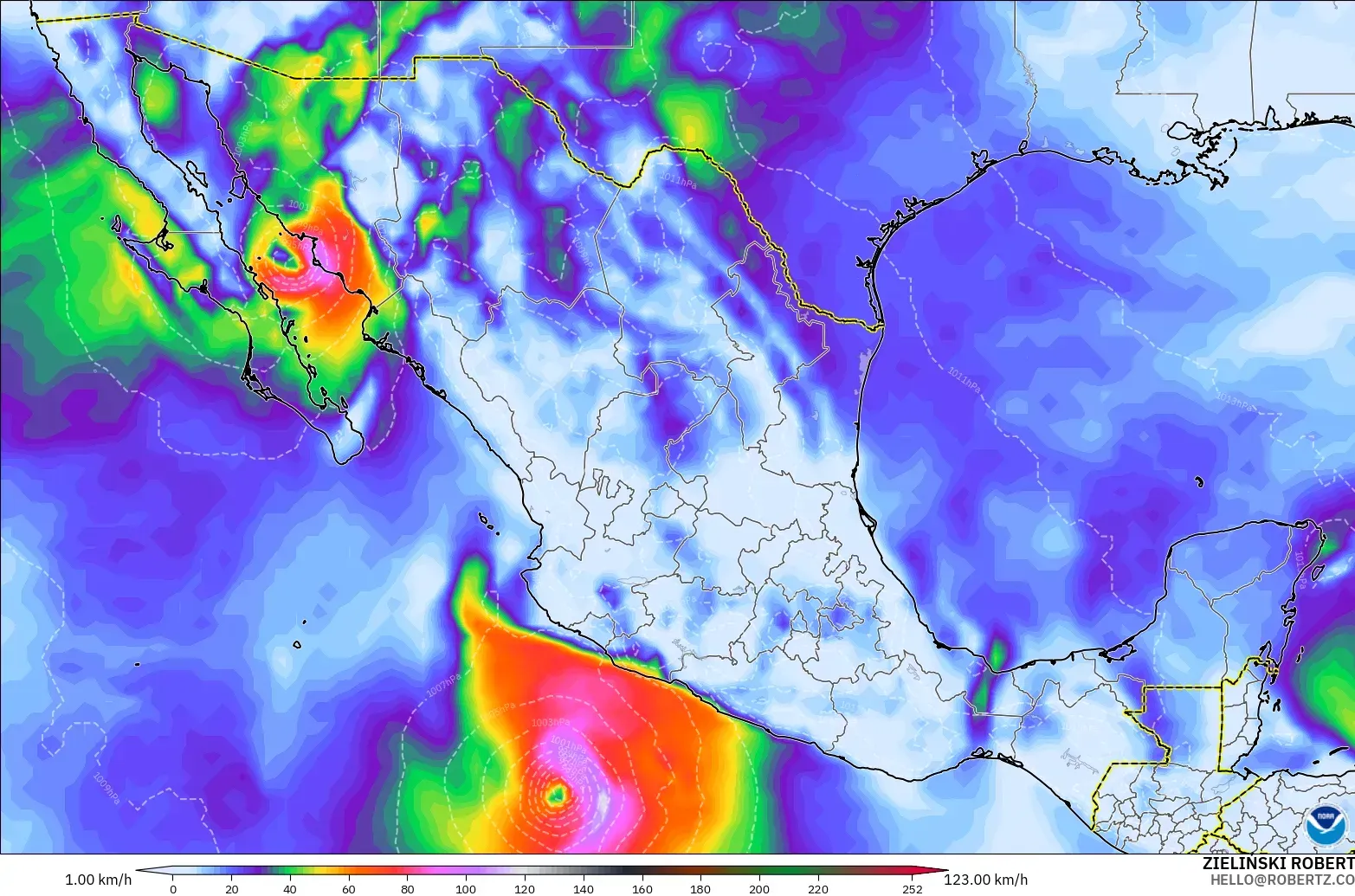 GFS modelo - México, Ráfagas de Viento Máximas