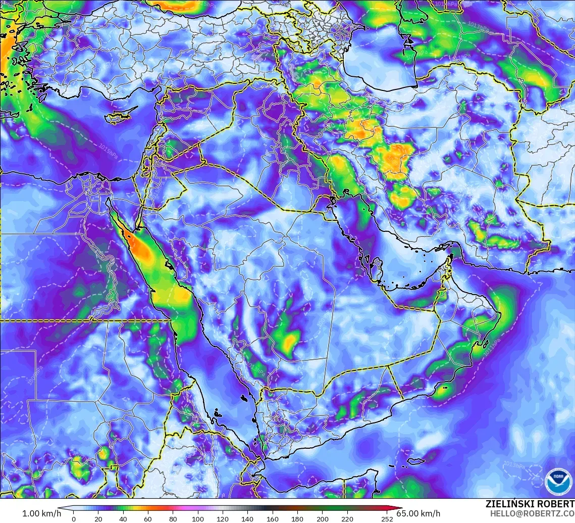 GFS modelo - Oriente Medio, Ráfagas de Viento Máximas