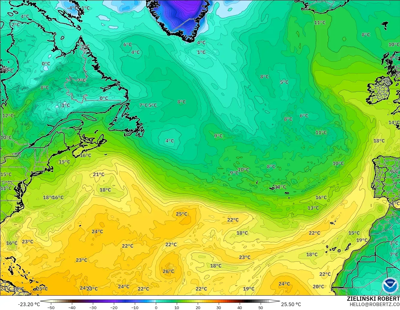 GFS modelo - Norte Atlántico, Punto de rocío a 2 m
