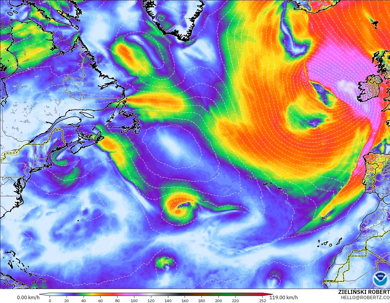 GFS modelo - Norte Atlántico, Ráfagas de viento
