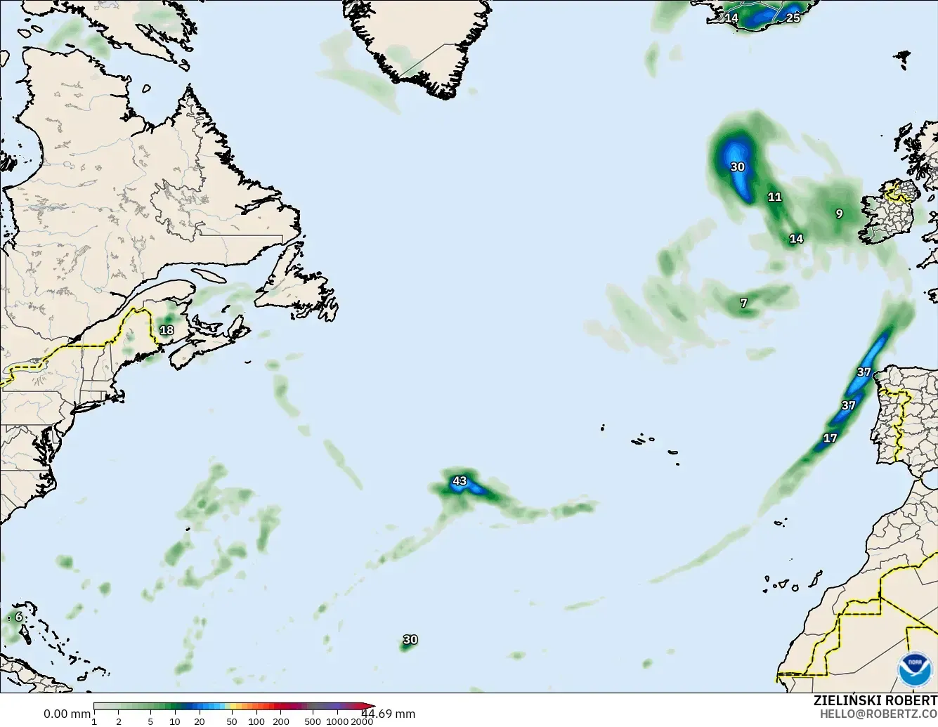 GFS modelo - Norte Atlántico, Acumulación de precipitación