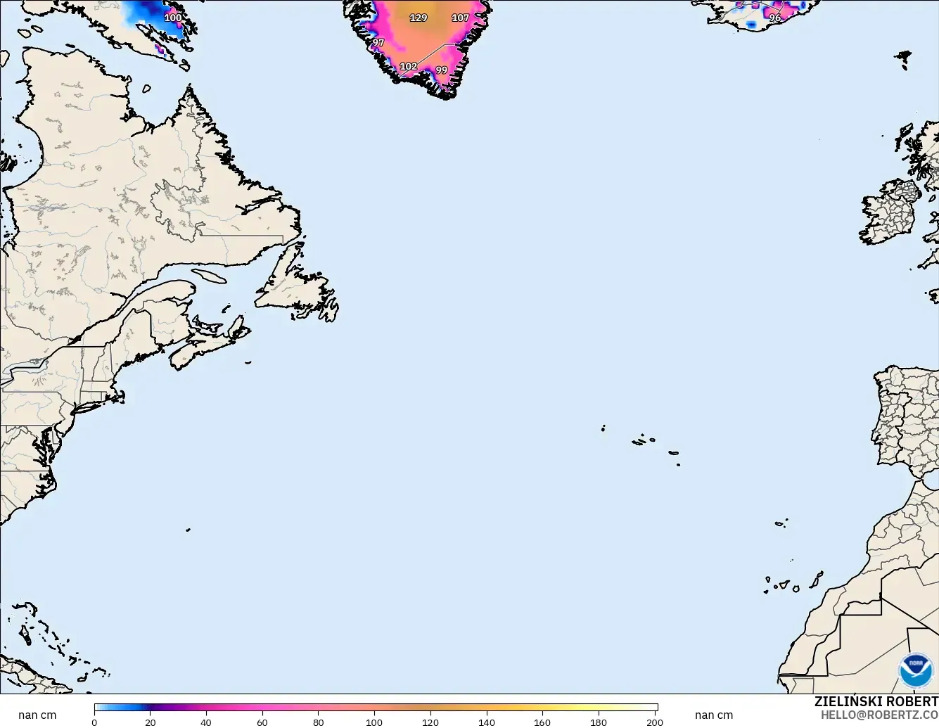 GFS modelo - Norte Atlántico, Profundidad de nieve