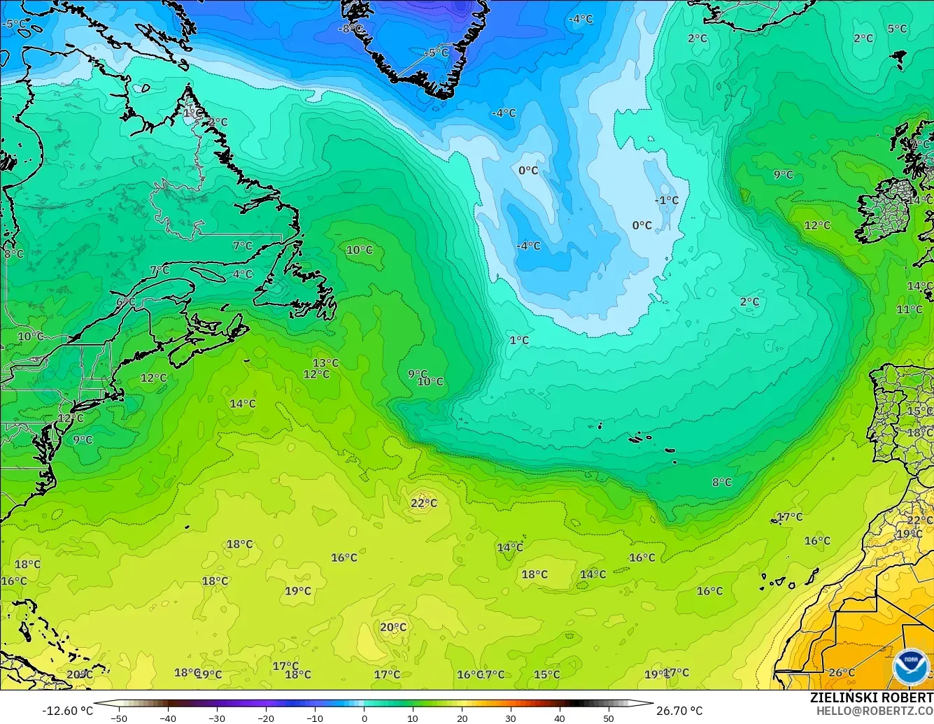 GFS modelo - Norte Atlántico, Temperatura a 850 hPa