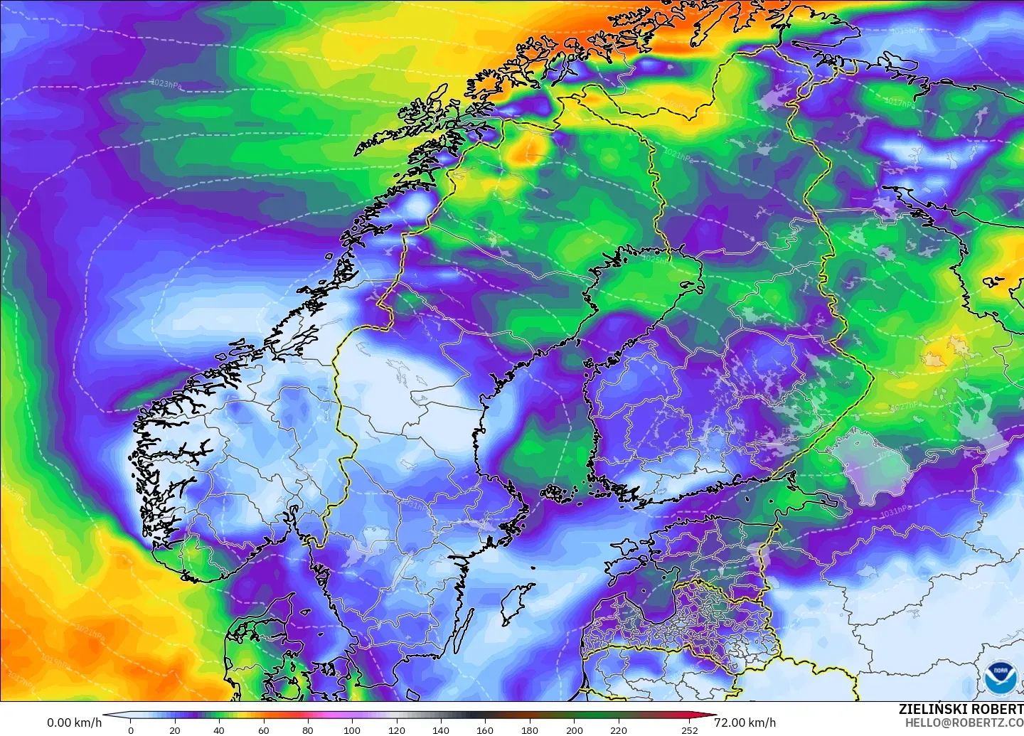 GFS modelo - Escandinavia, Ráfagas de Viento Máximas