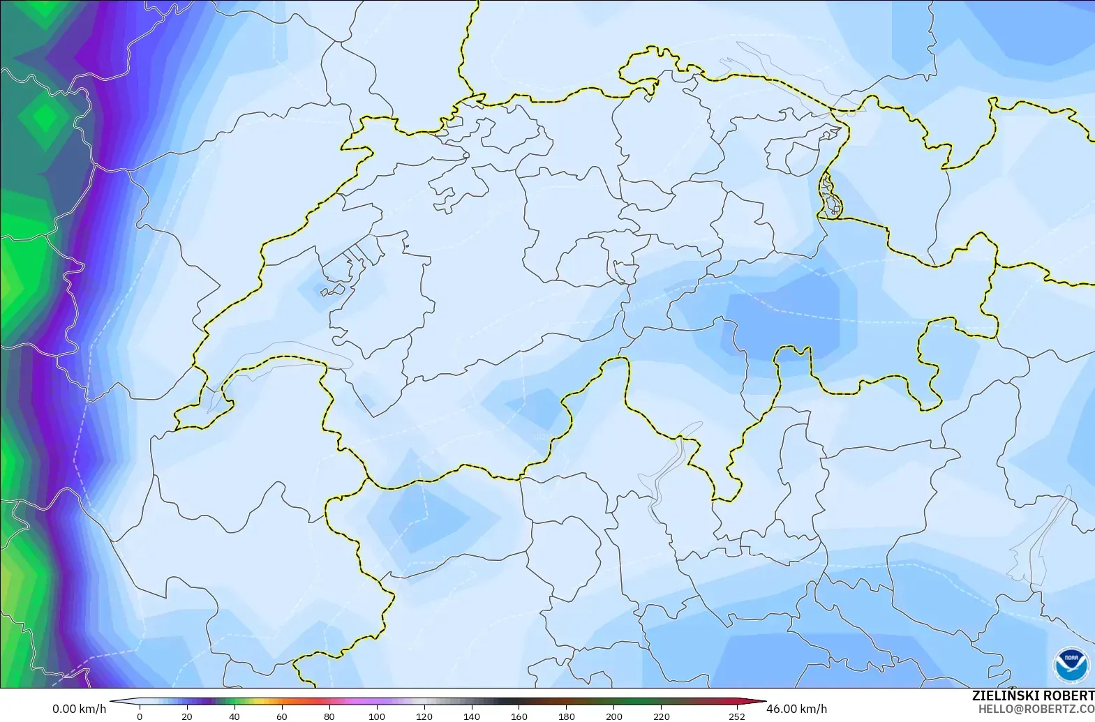 GFS modelo - Suiza, Ráfagas de Viento Máximas