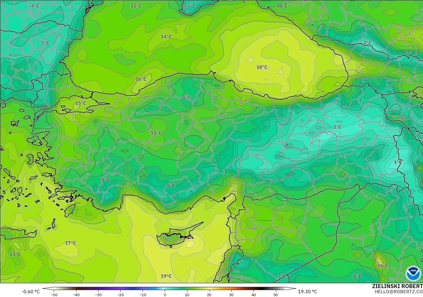 GFS modelo - Turquía, Punto de rocío a 2 m