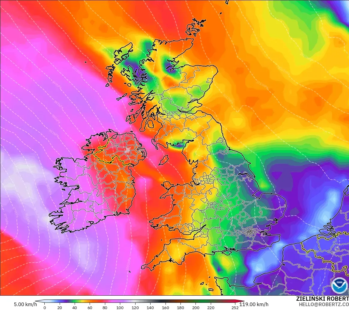 GFS modelo - Reino Unido, Ráfagas de Viento Máximas