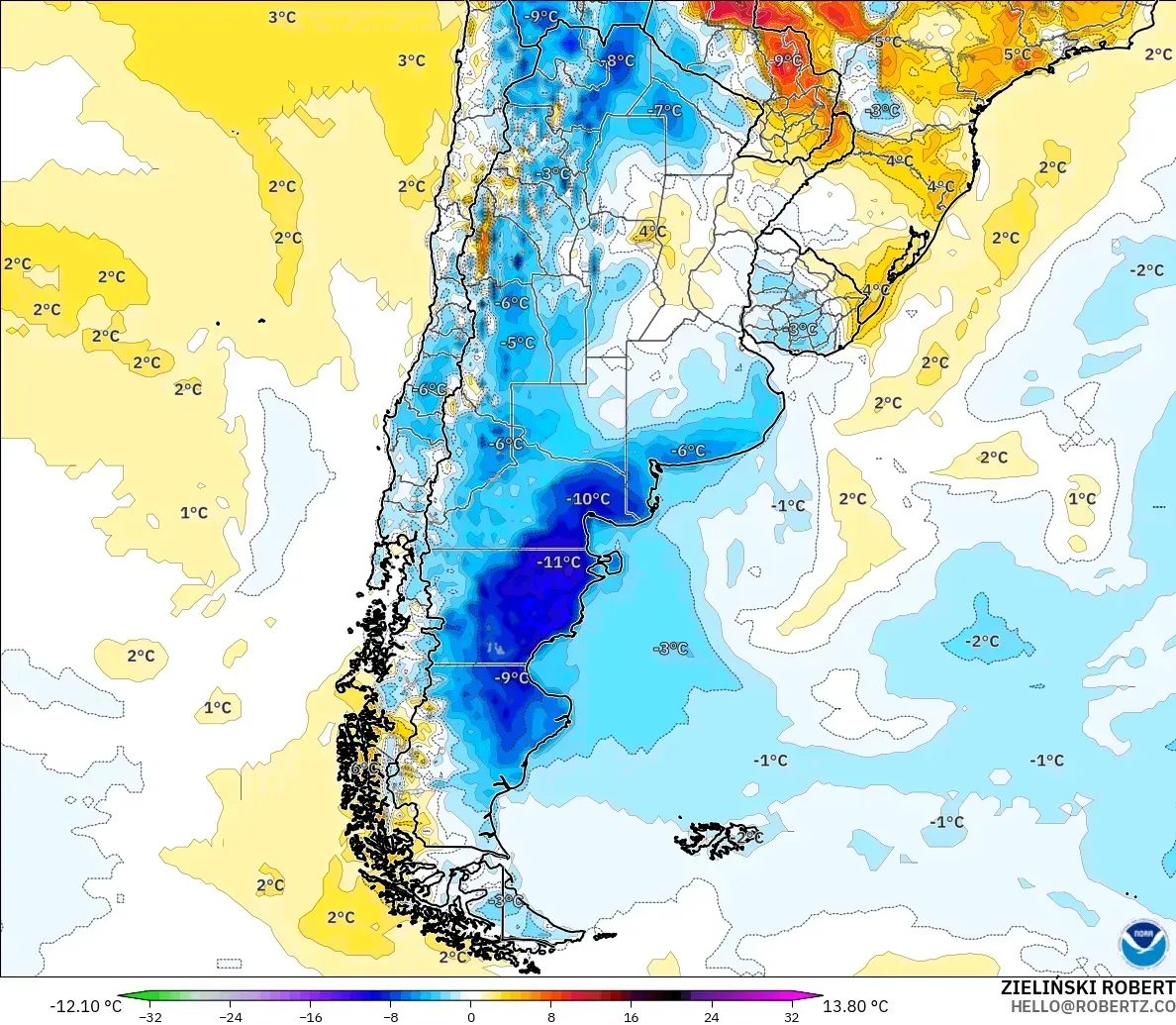 GFS modelo - Argentina, Anomalía de temperatura a 2 m