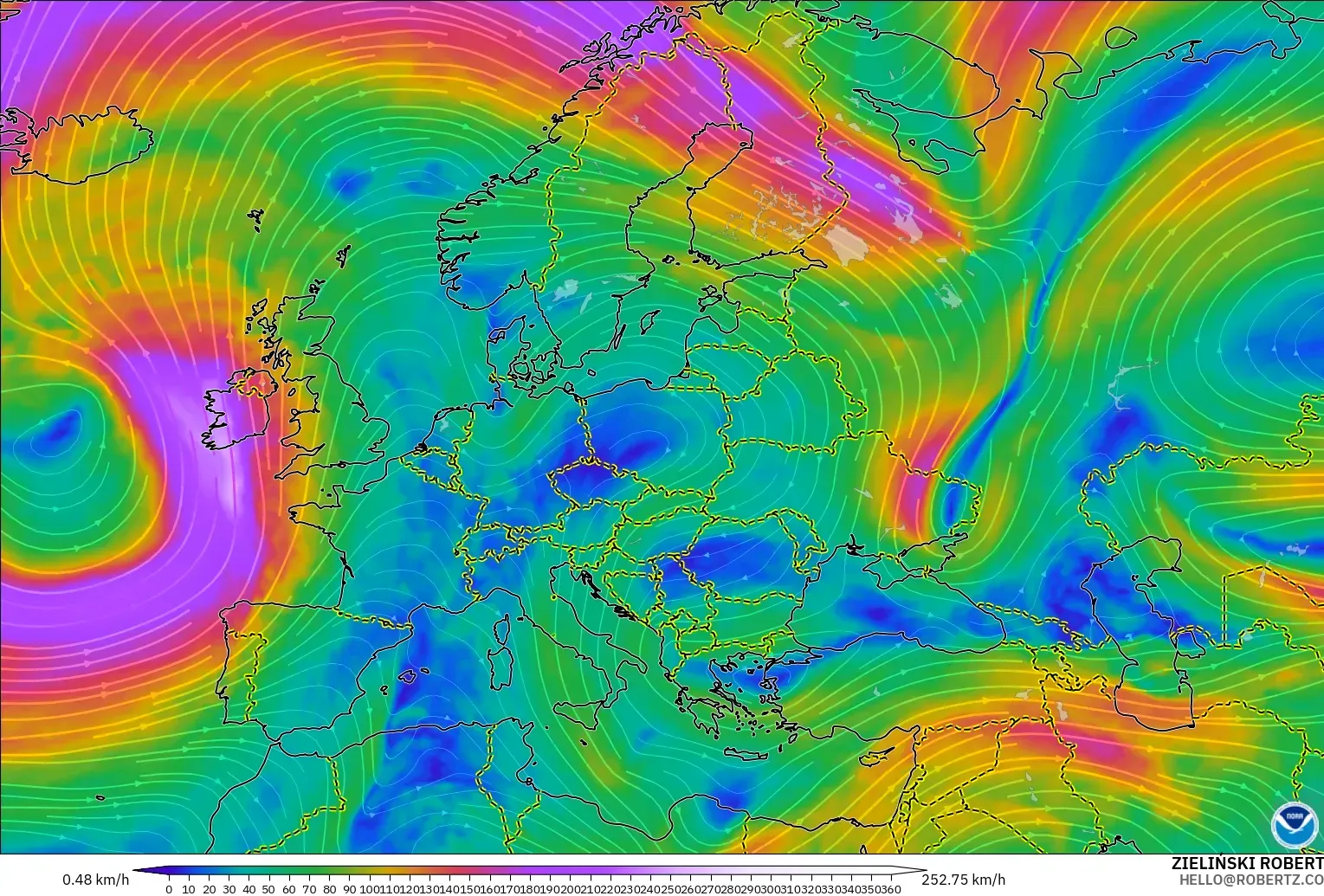 GFS modelo - Europa, Viento a 300 hPa (corriente en chorro)
