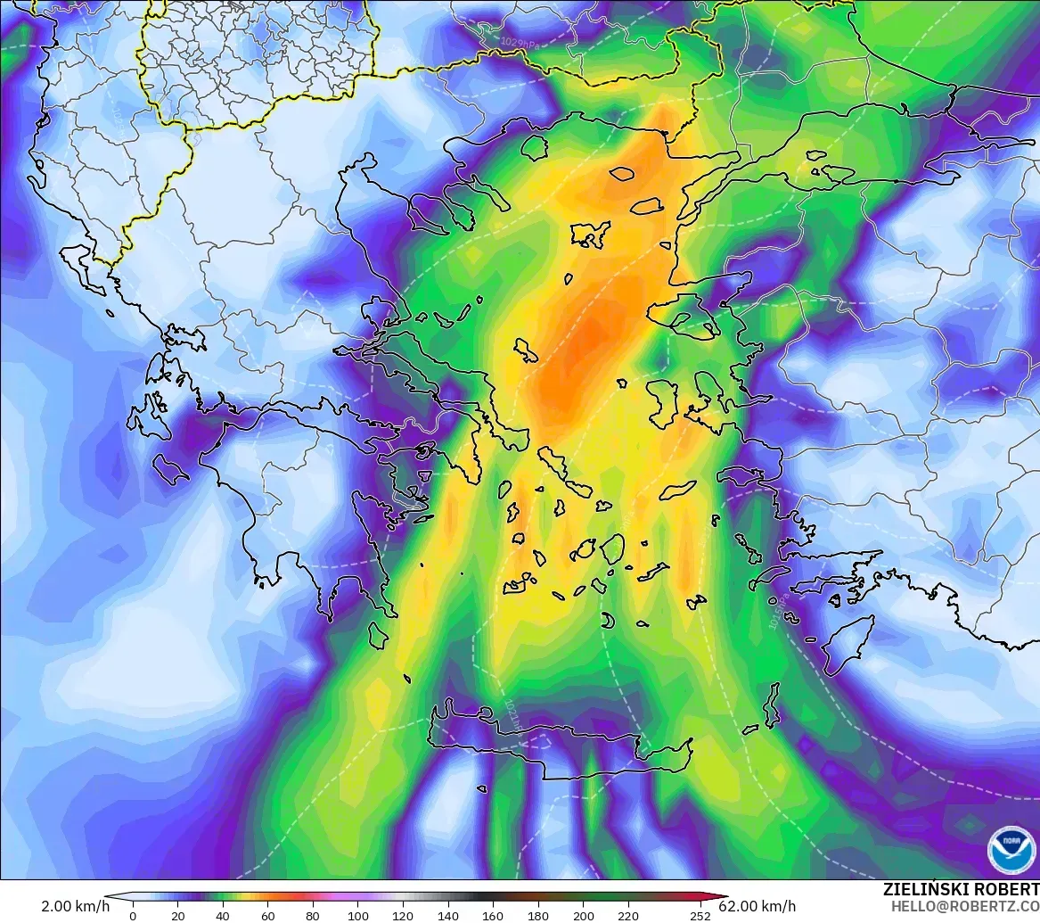 GFS modelo - Grecia, Ráfagas de viento