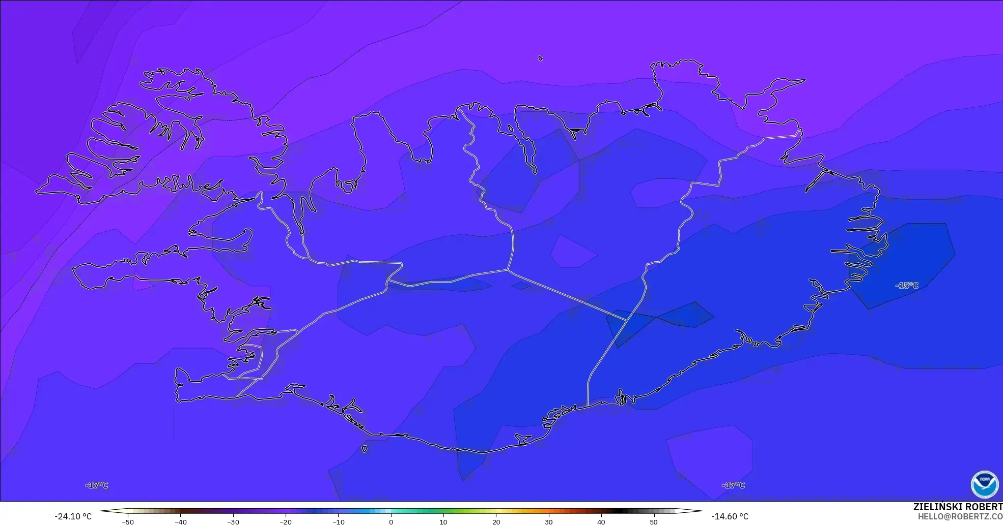 GFS modelo - Islandia, Temperatura a 500 hPa