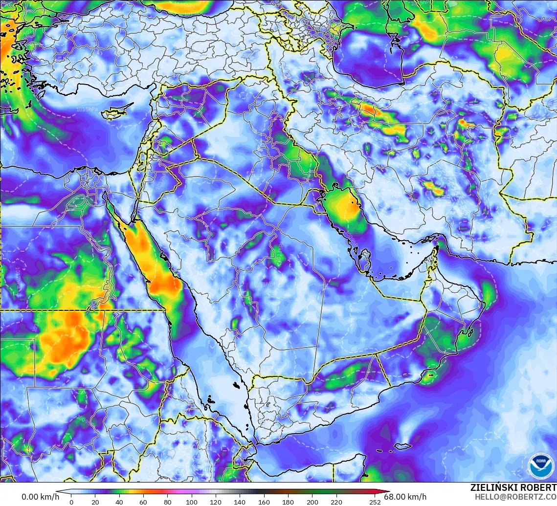 GFS modelo - Oriente Medio, Ráfagas de viento