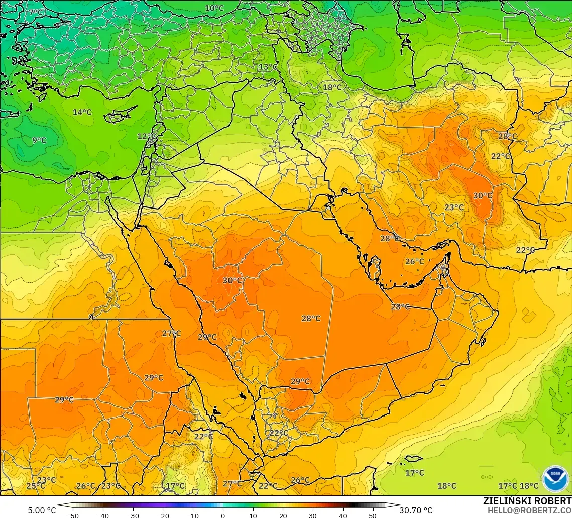 GFS modelo - Oriente Medio, Temperatura a 850 hPa