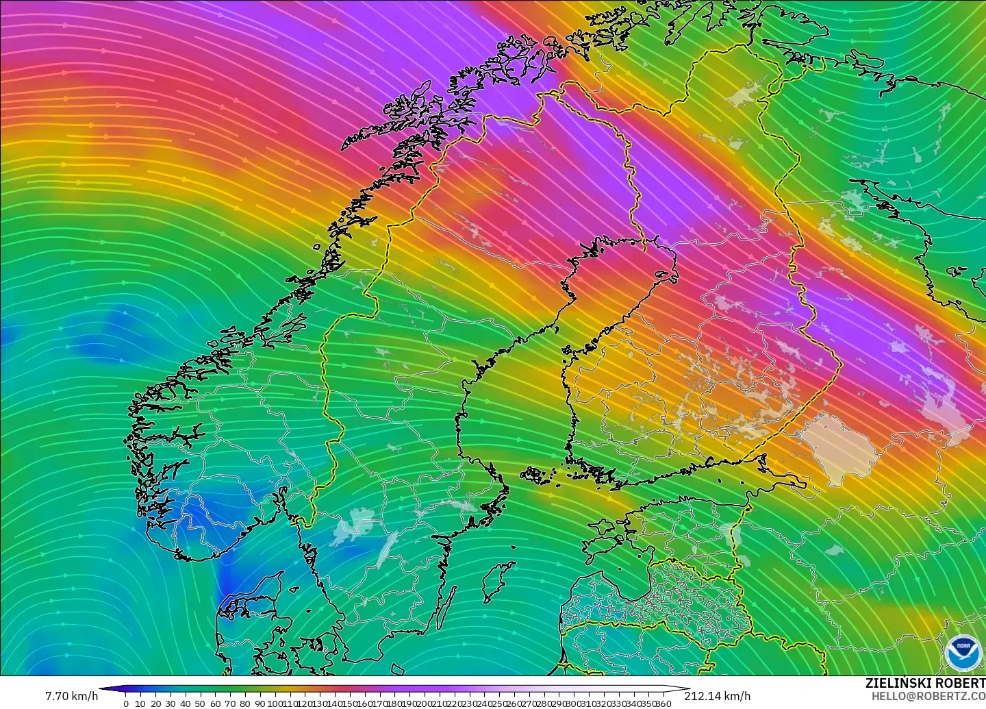 GFS modelo - Escandinavia, Viento a 300 hPa (corriente en chorro)