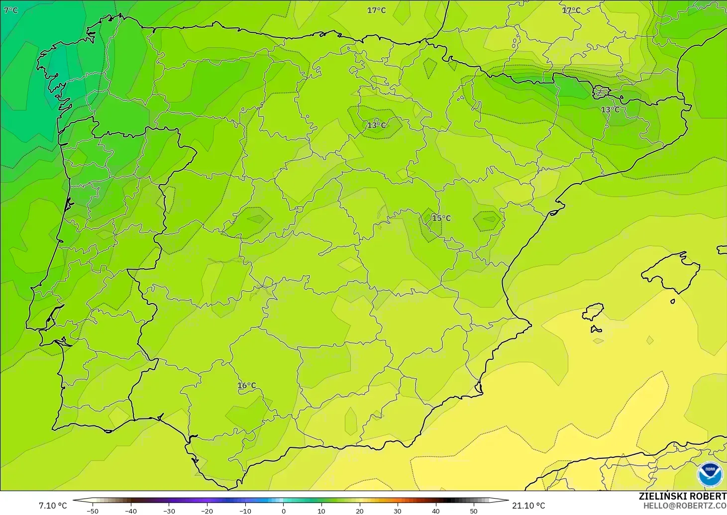 GFS modelo - España, Temperatura a 850 hPa