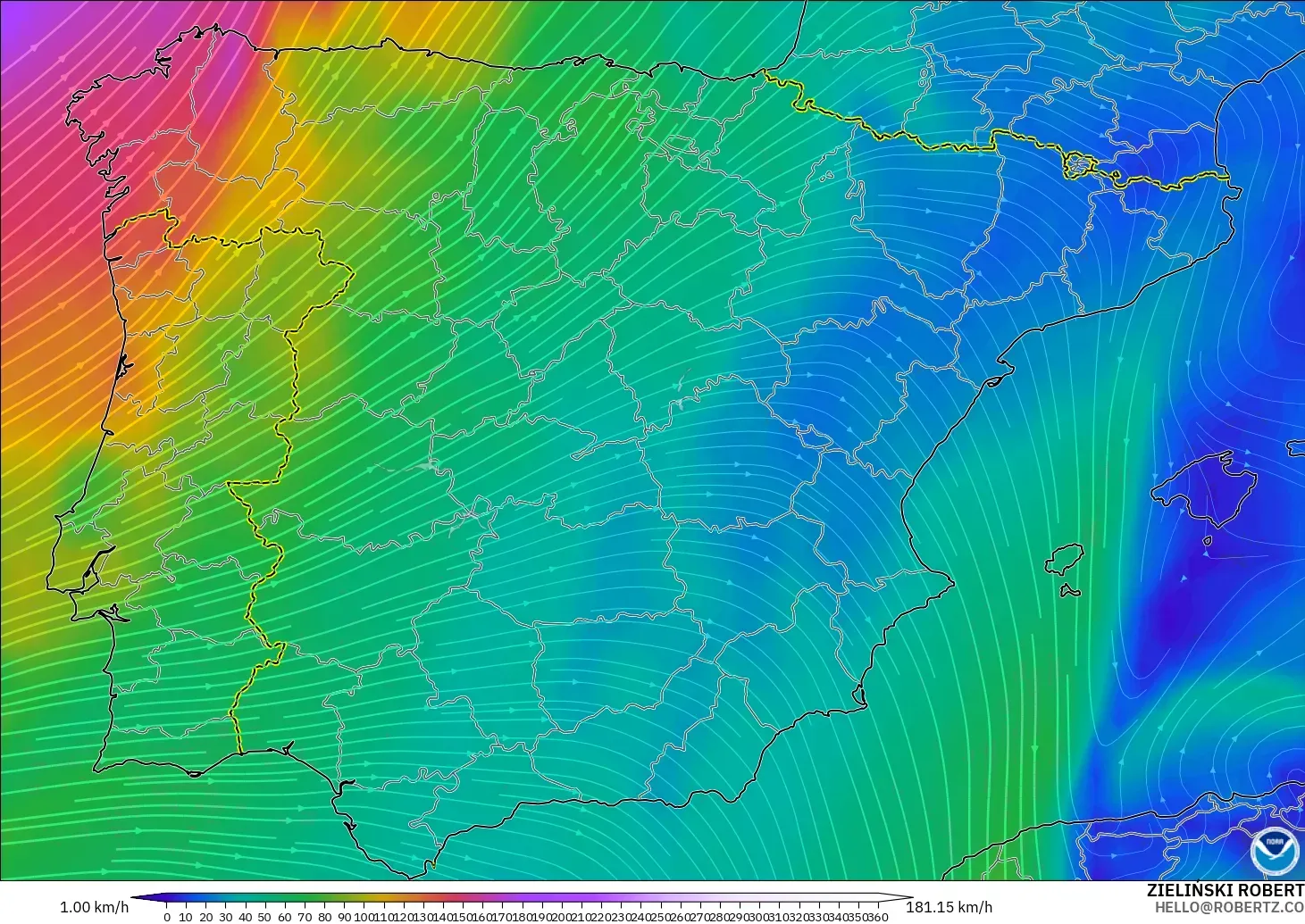 GFS modelo - España, Viento a 300 hPa (corriente en chorro)