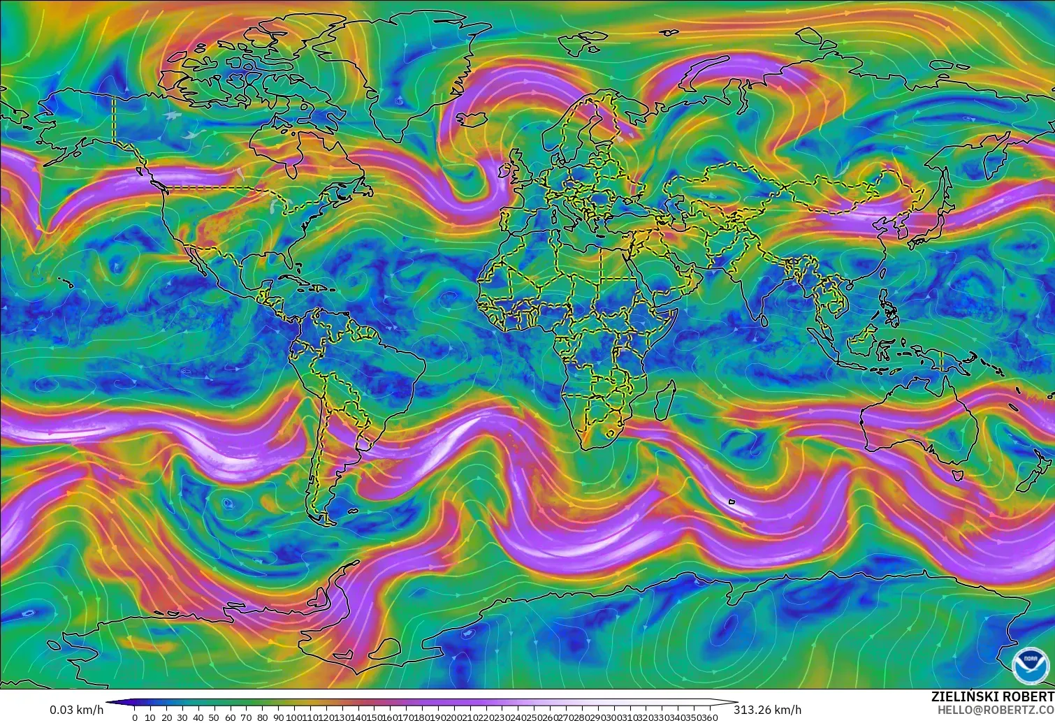 GFS modelo - Mundo, Viento a 300 hPa (corriente en chorro)