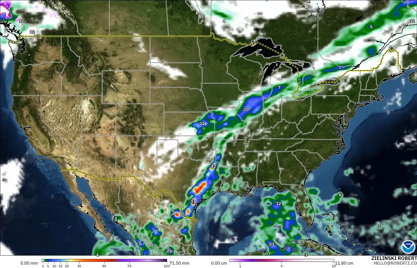 GFS modelo - Estados Unidos, Precipitación, nubes y presión