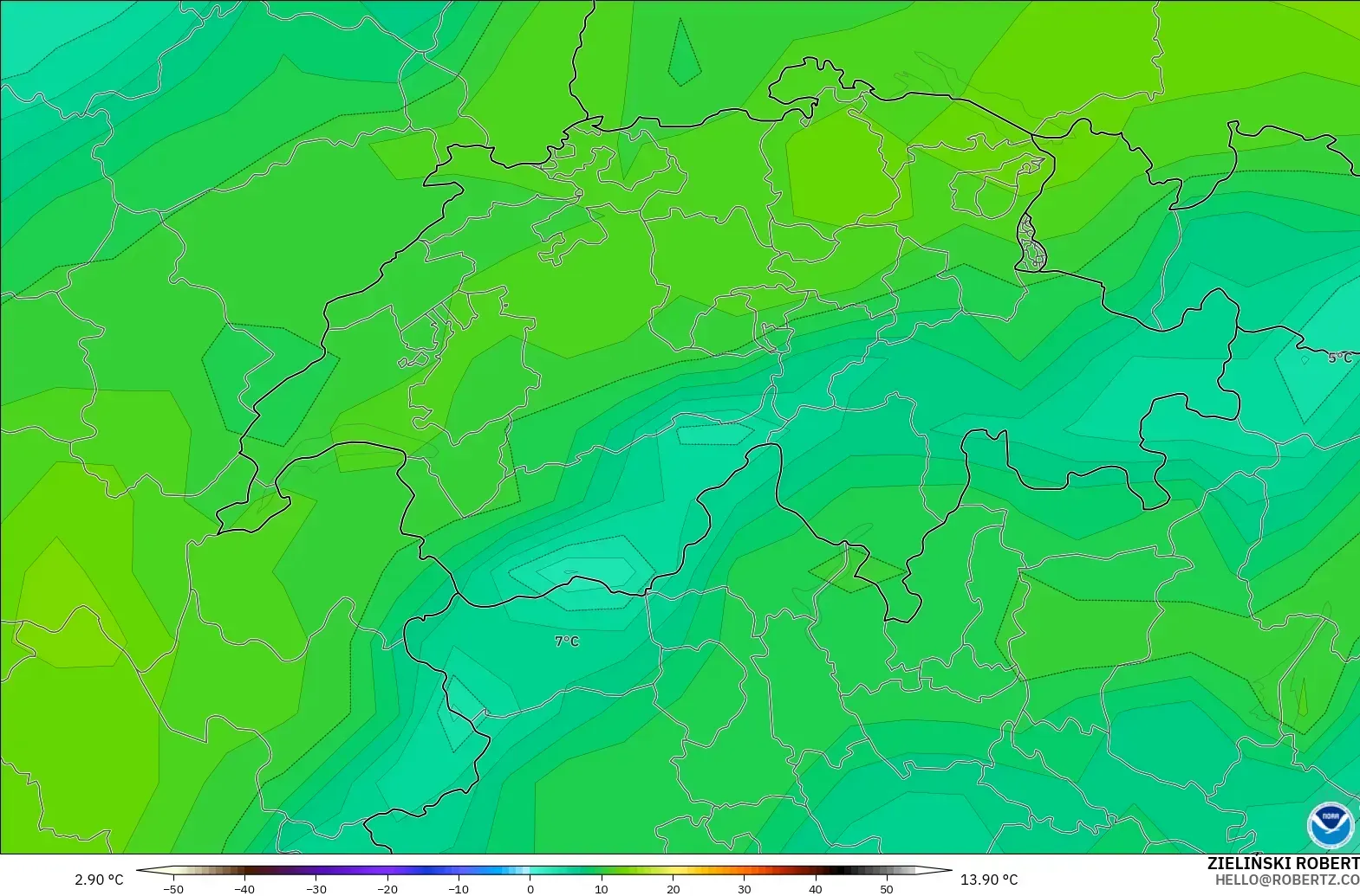 GFS modelo - Suiza, Punto de rocío a 2 m