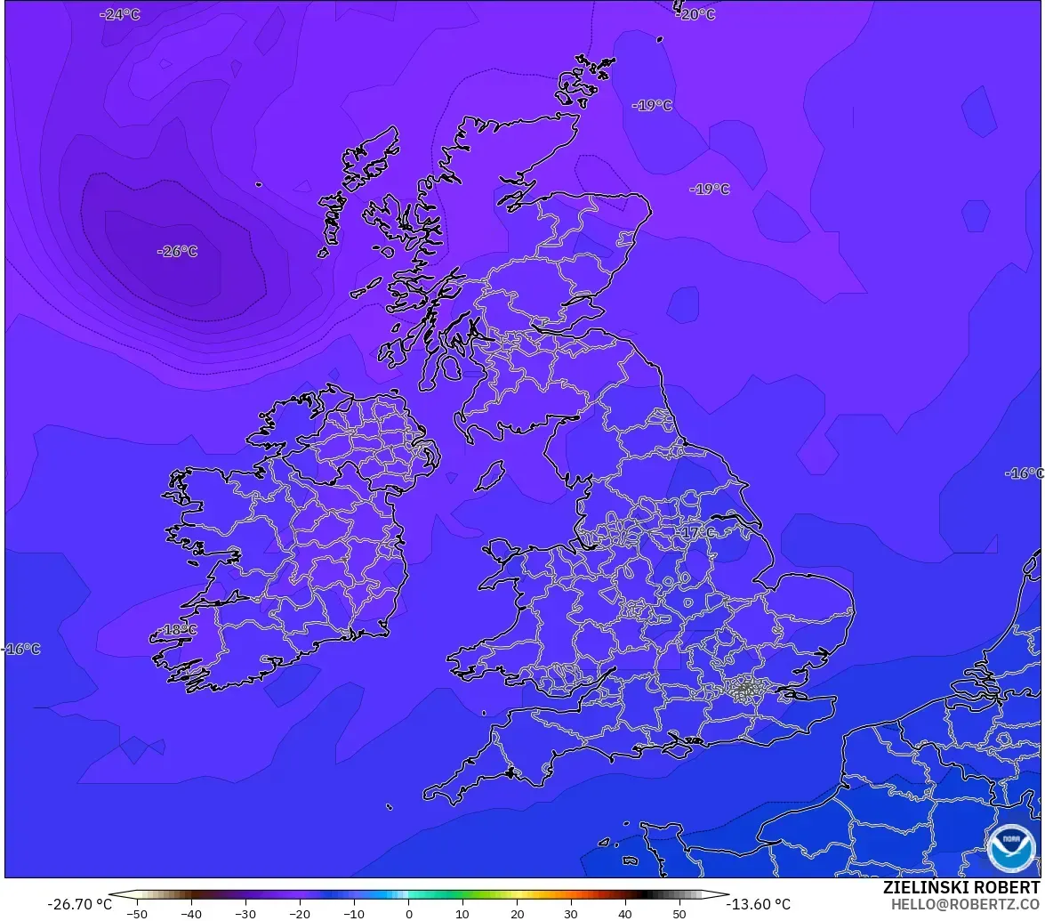 GFS modelo - Reino Unido, Temperatura a 500 hPa