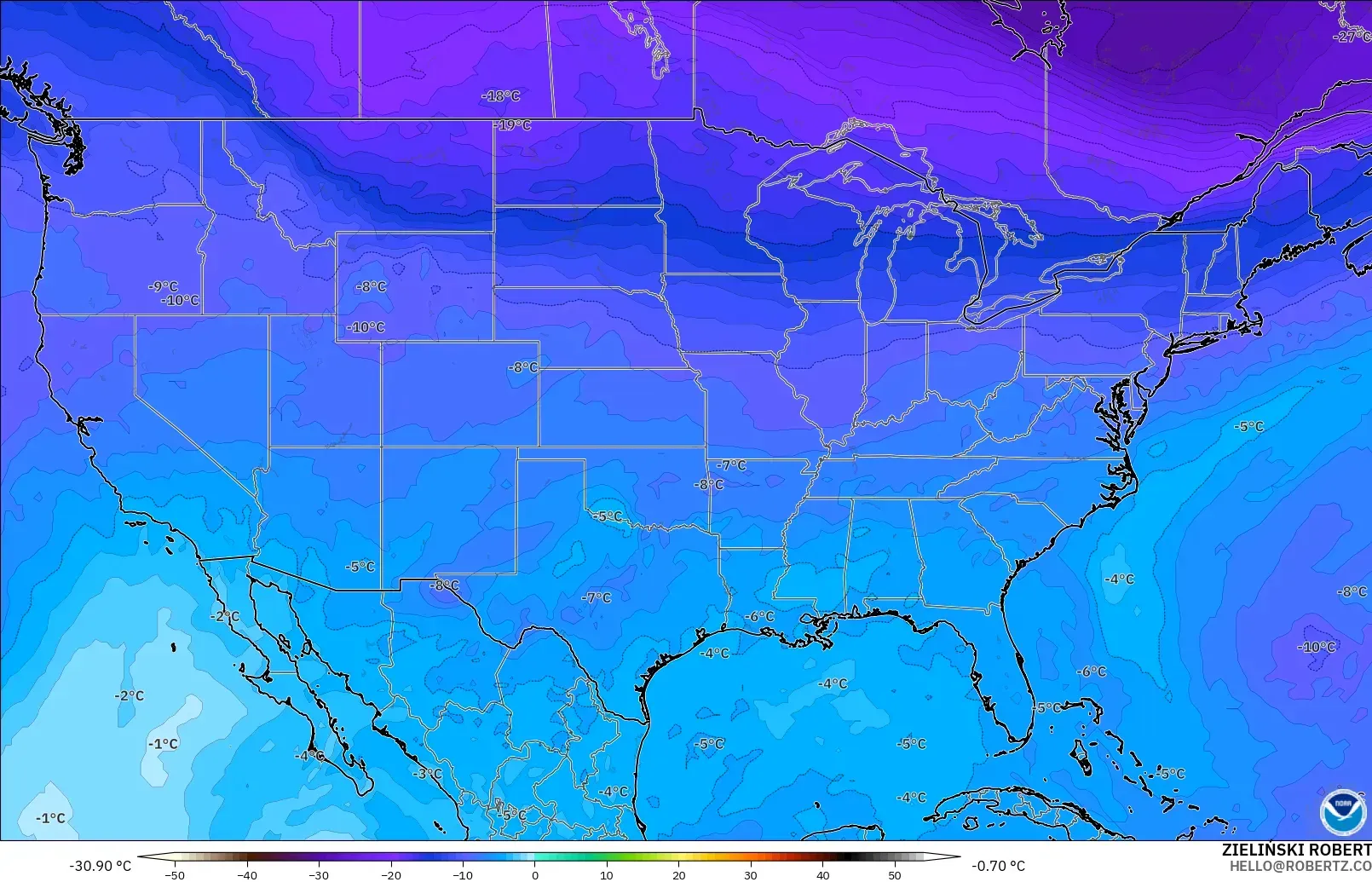 GFS modelo - Estados Unidos, Temperatura a 500 hPa