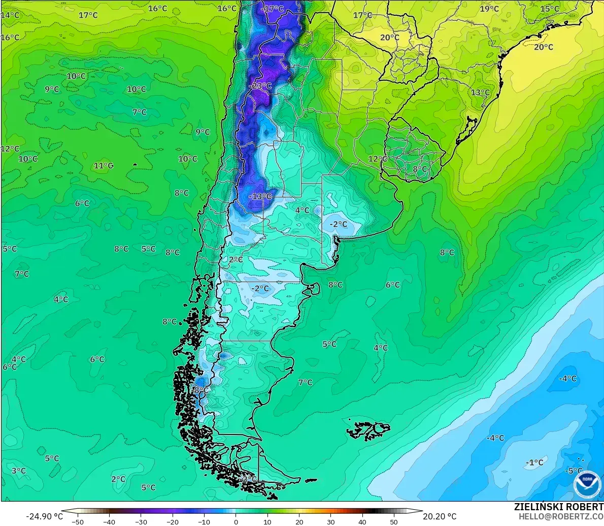 GFS modelo - Argentina, Punto de rocío a 2 m