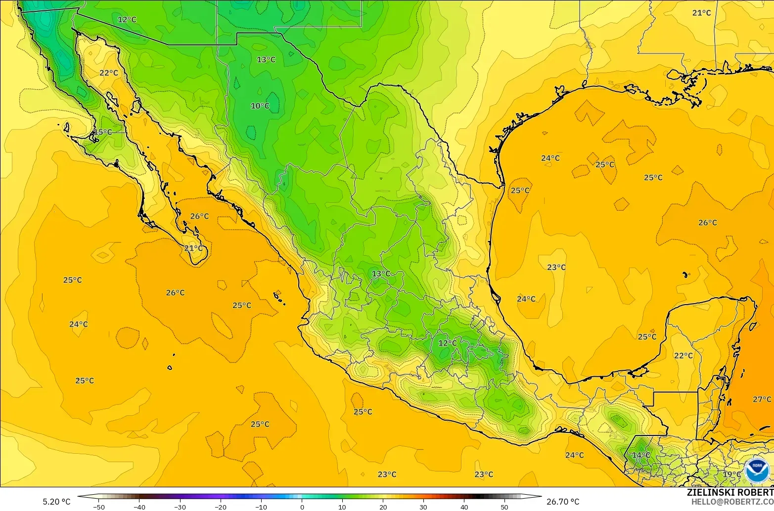 GFS modelo - México, Punto de rocío a 2 m