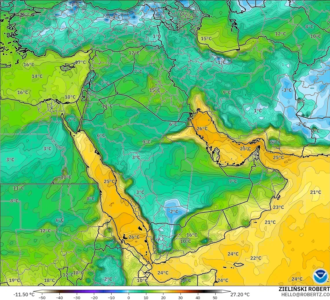 GFS modelo - Oriente Medio, Punto de rocío a 2 m