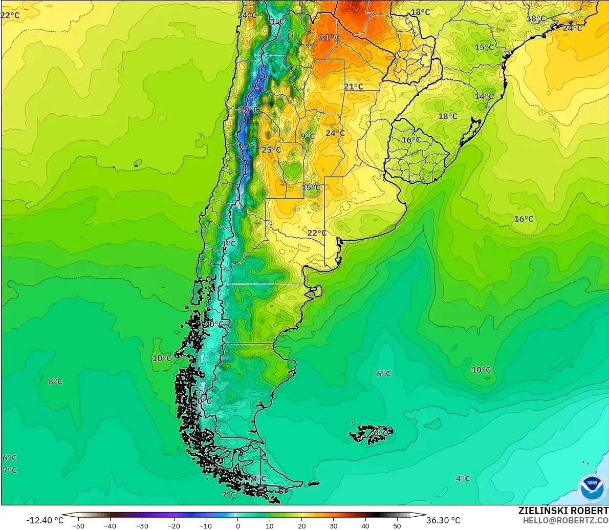 GFS modelo - Argentina, Temperatura a 2 m