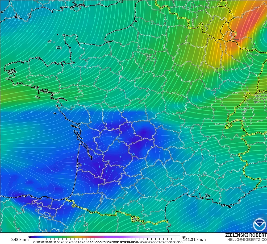 GFS modelo - Francia, Viento a 300 hPa (corriente en chorro)