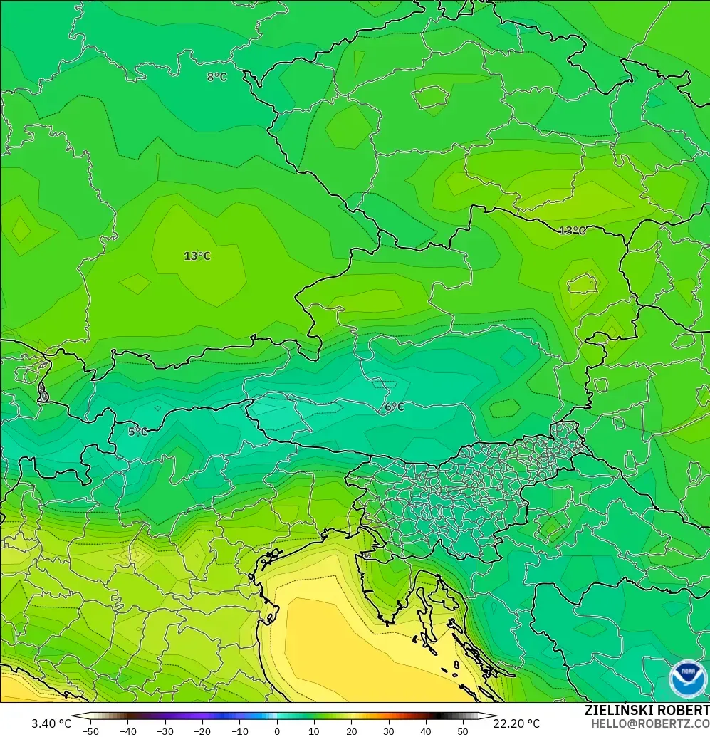 GFS modelo - Austria, Temperatura a 2 m