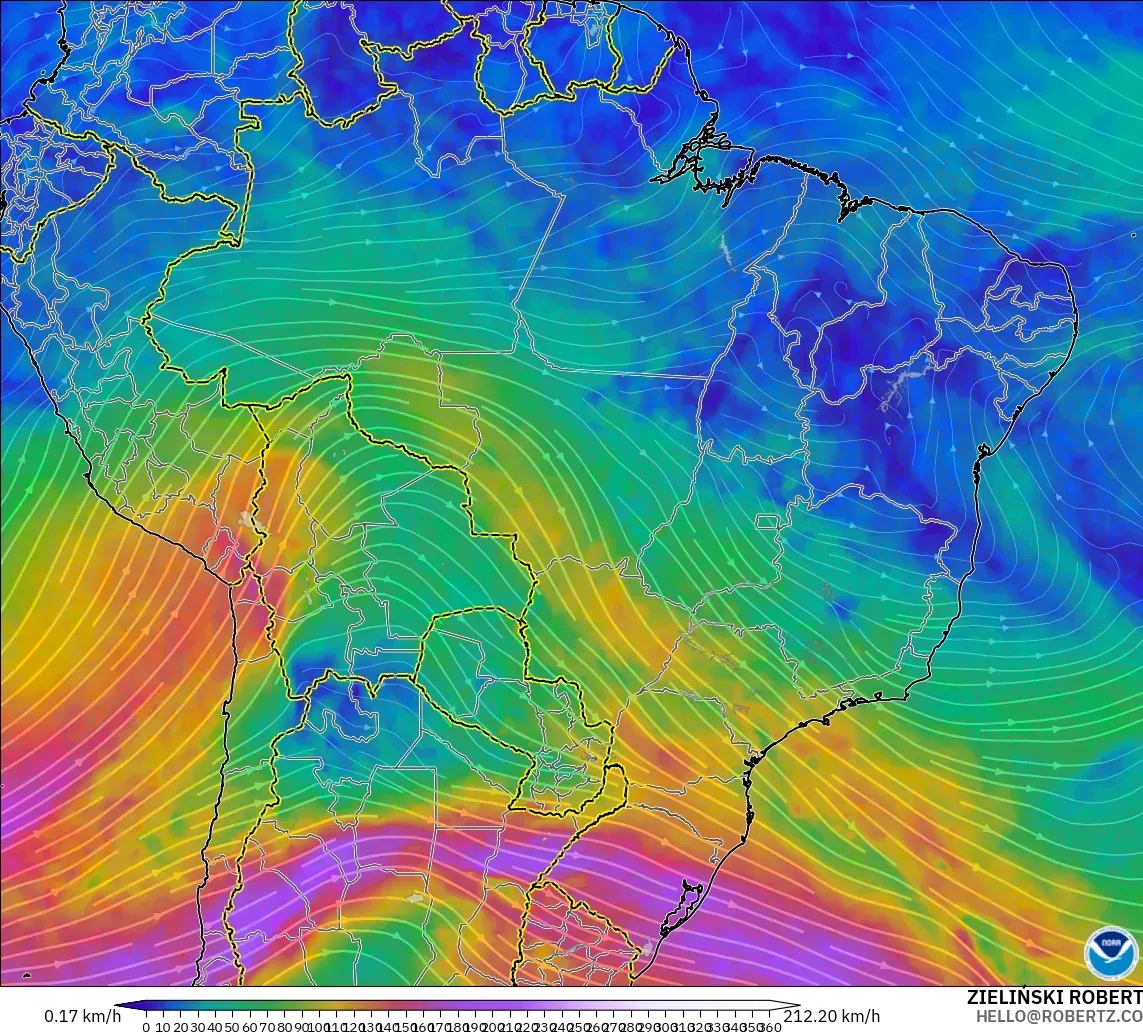 GFS modelo - Brasil, Viento a 300 hPa (corriente en chorro)