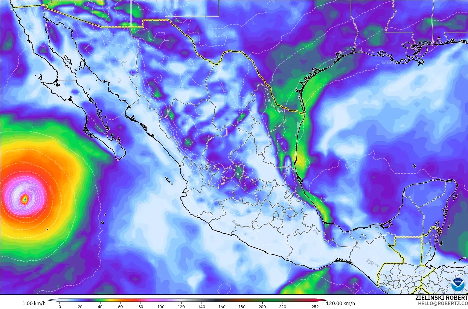 GFS modelo - México, Ráfagas de viento