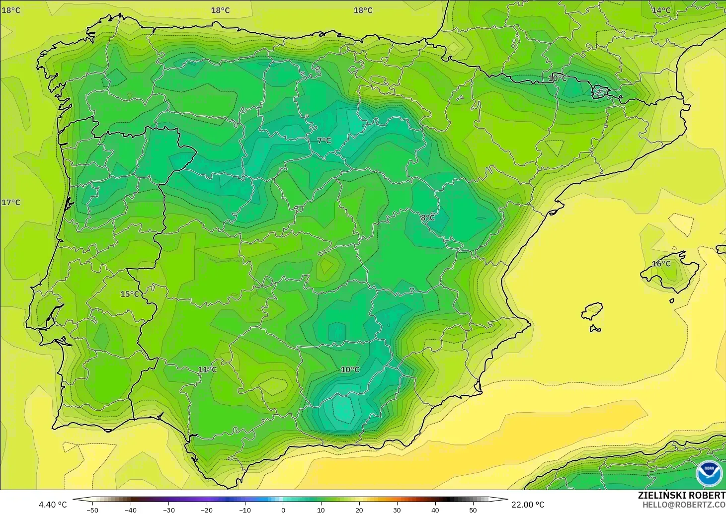 GFS modelo - España, Punto de rocío a 2 m
